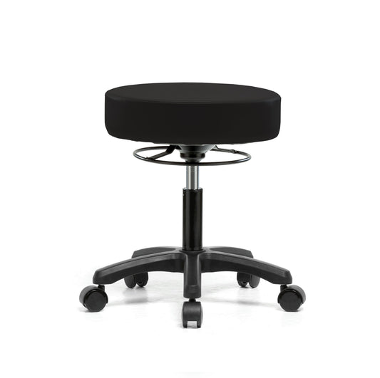 Perch Lab Stool, black vinyl, Self-Braking Casters, shown with optional black foot ring