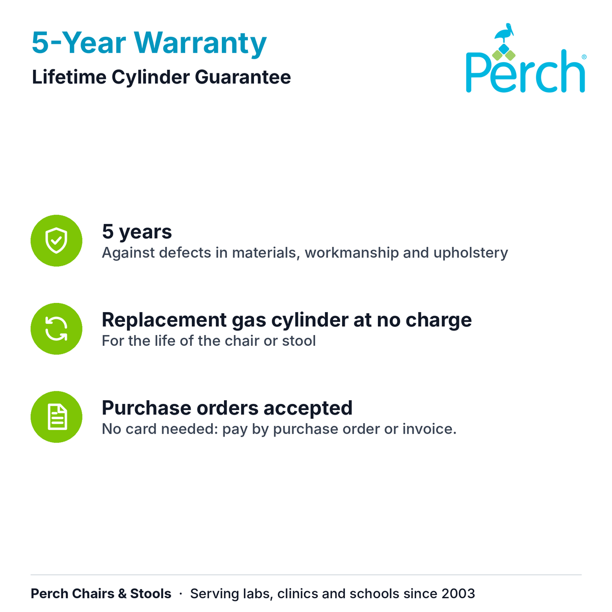 5-Year Warranty and Lifetime Cylinder Guarantee: 5 years against defects in materials, workmanship and upholstery, and a replacement gas cylinder at no charge for the life of the chair or stool. Purchase orders accepted.